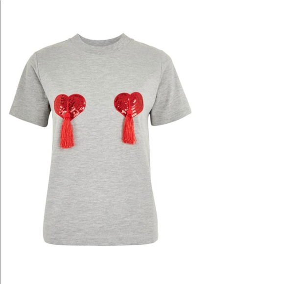 Topshop Tee Shirt Heart Tassel Gray “Tee and Cake” - Picture 7 of 7